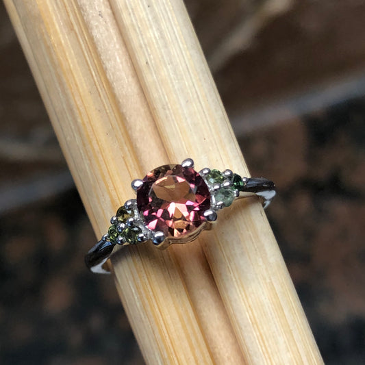 Natural Pink and Green Tourmaline 925 Solid Sterling Silver Engagement Ring Size 5, 6, 7, 8, 9