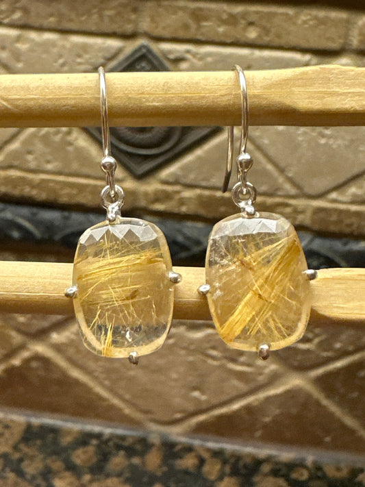 Genuine Golden Rutilated 925 Solid Sterling Silver Earrings 30mm