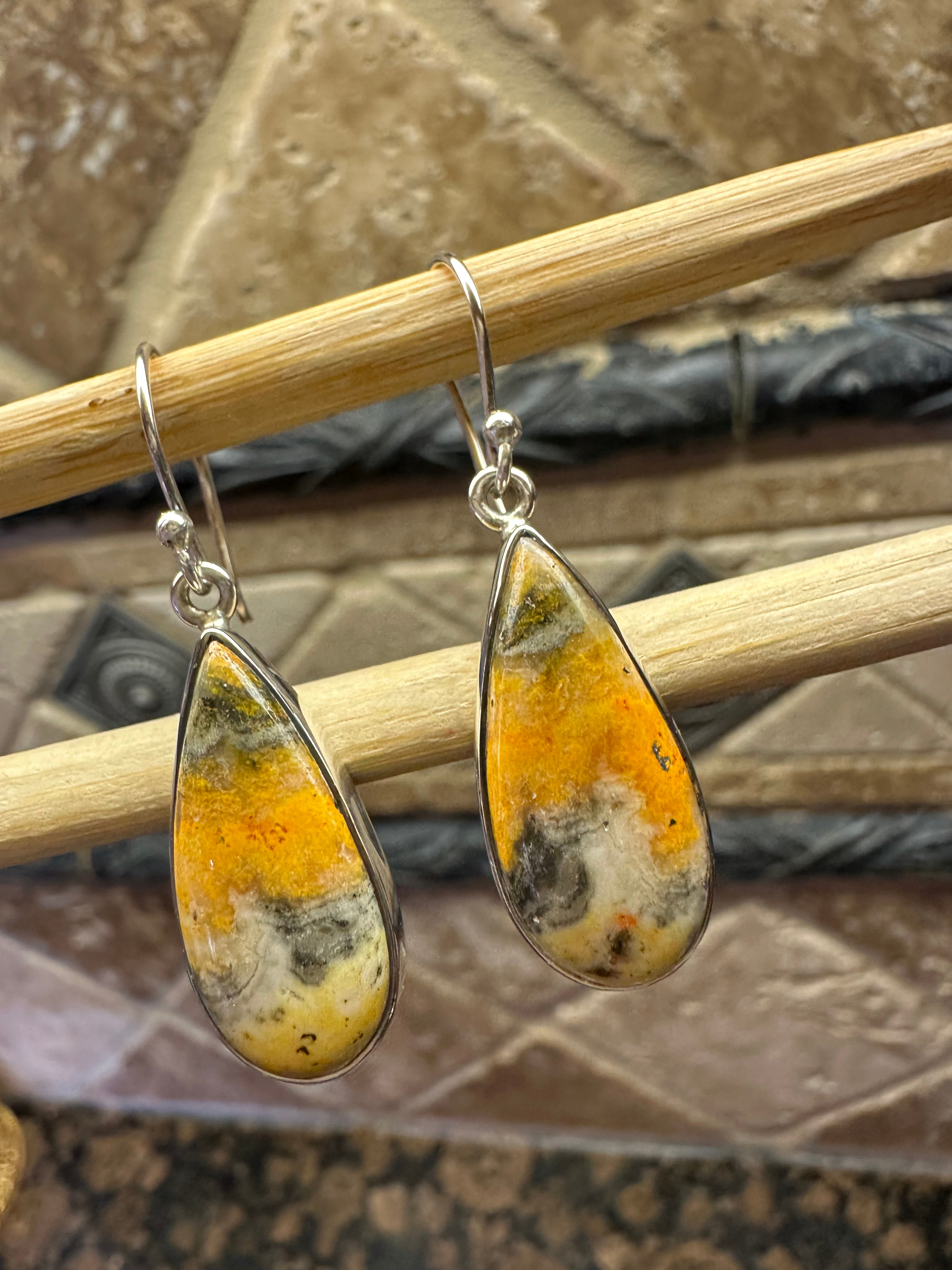 Natural Indonesian Bumble Bee Jasper 925 Solid Sterling Silver Earrings 35mm