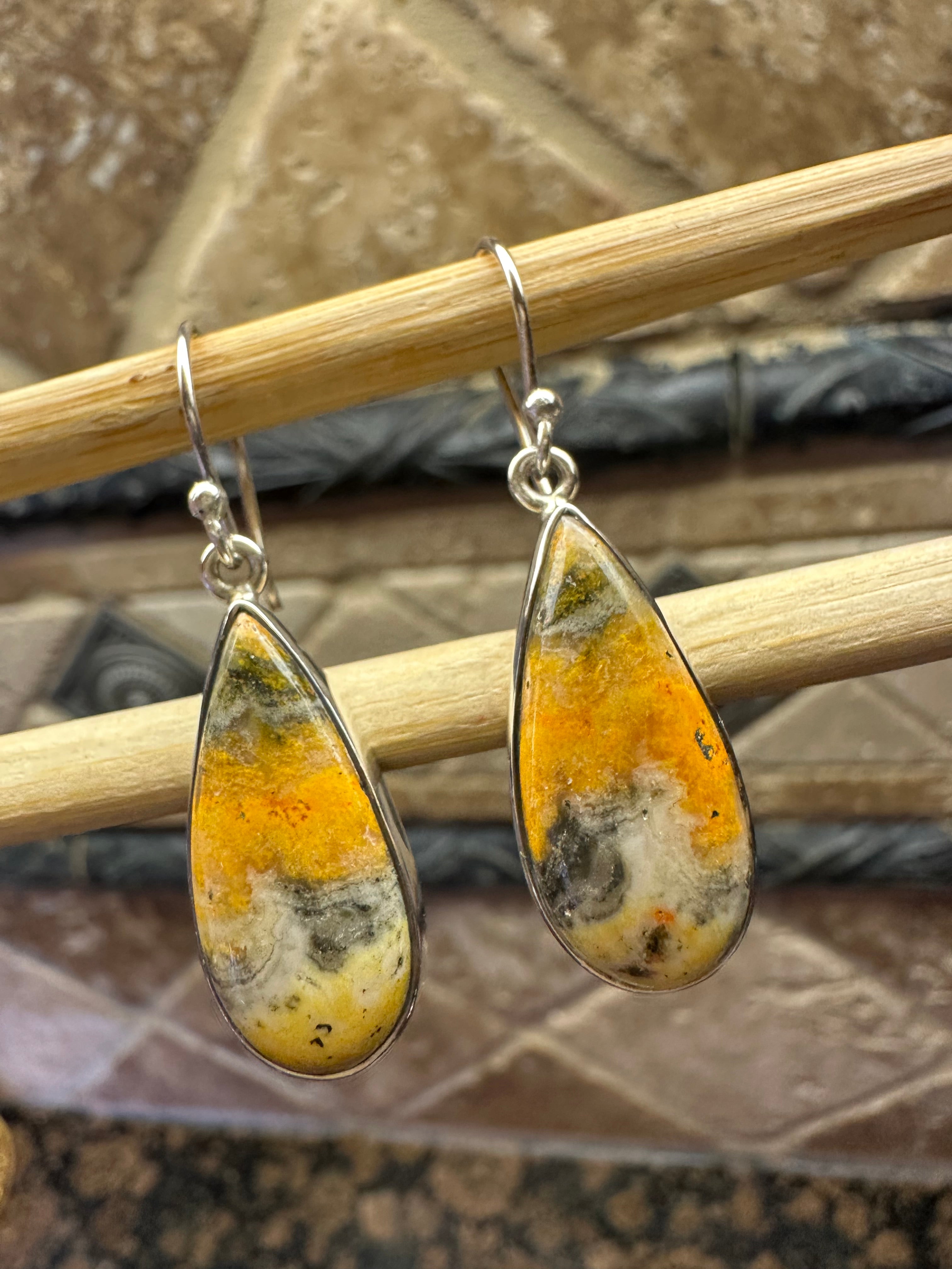 Natural Indonesian Bumble Bee Jasper 925 Solid Sterling Silver Earrings 35mm