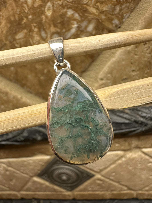 Natural Green Moss Agate 925 Solid Sterling Silver Pendant 40mm