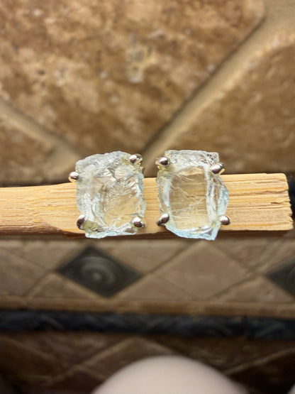 Natural Raw Blue Aquamarine 925 Solid Sterling Silver Earrings 9mm