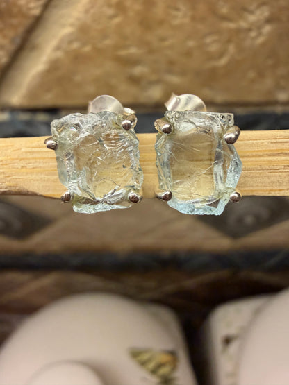 Natural Raw Blue Aquamarine 925 Solid Sterling Silver Earrings 9mm