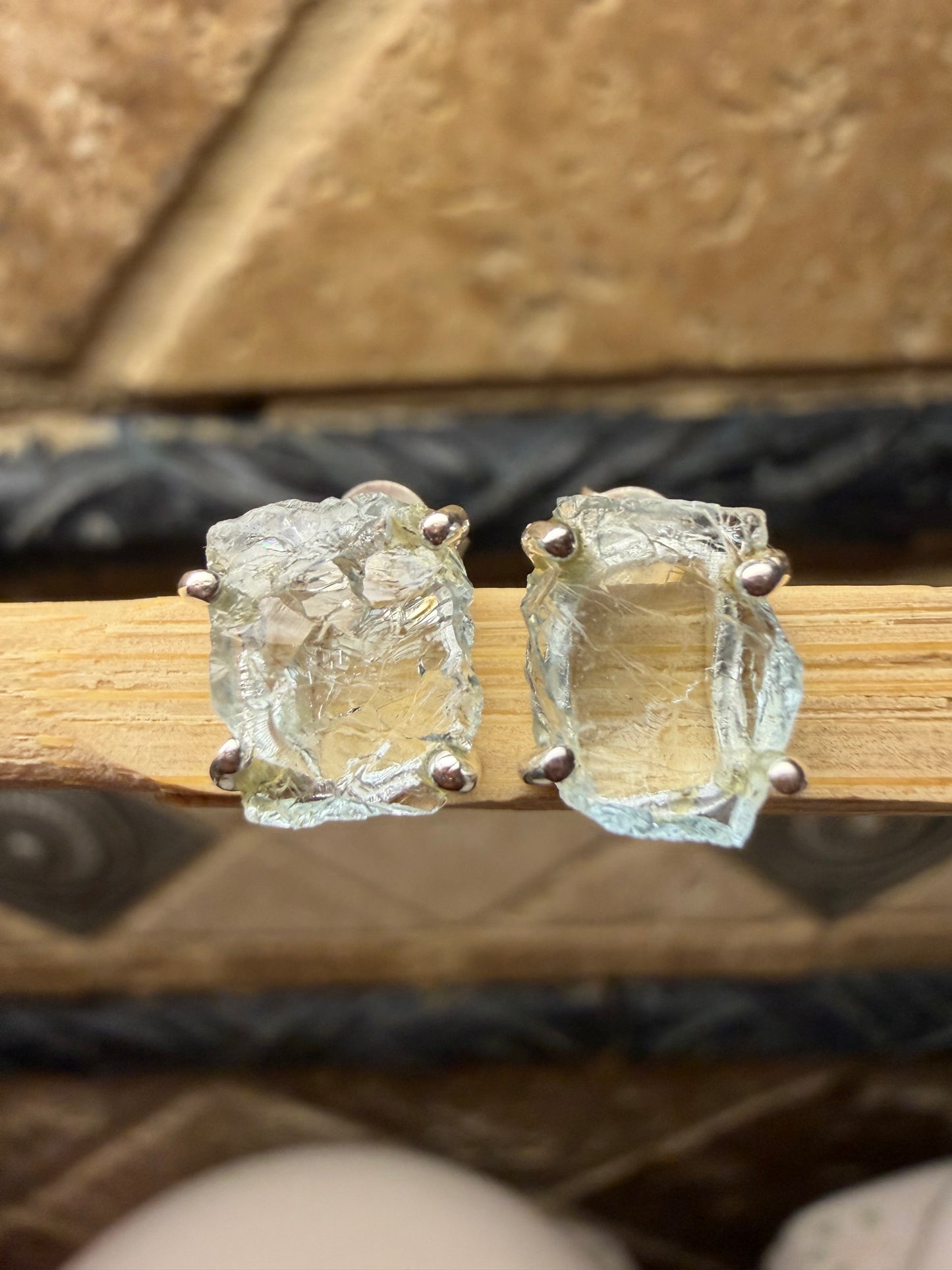 Natural Raw Blue Aquamarine 925 Solid Sterling Silver Earrings 9mm