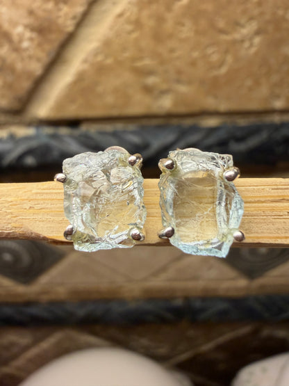Natural Raw Blue Aquamarine 925 Solid Sterling Silver Earrings 9mm