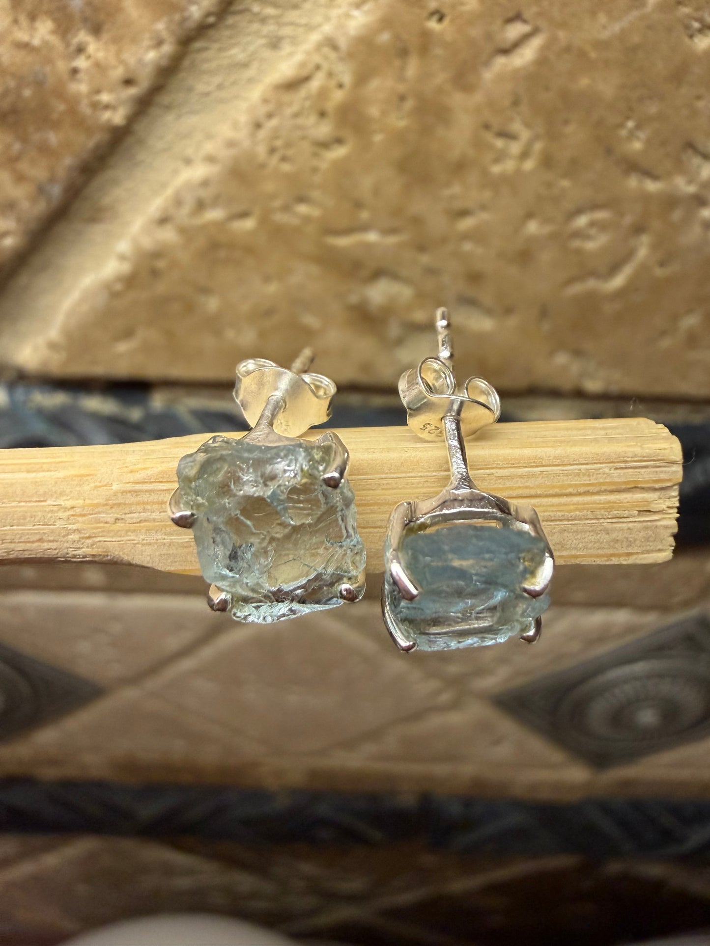 Natural Raw Blue Aquamarine 925 Solid Sterling Silver Earrings 9mm