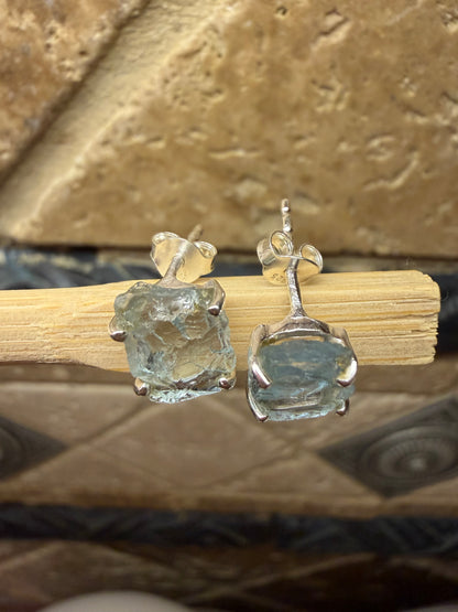 Natural Raw Blue Aquamarine 925 Solid Sterling Silver Earrings 9mm