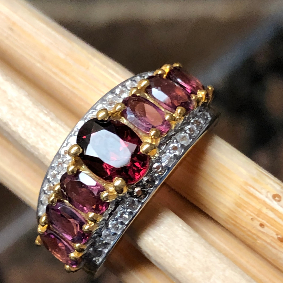 Anillo de plata de ley con baño de oro amarillo de 14 quilates y granate rodolita natural de 2,5 qt, tallas 5, 6, 7, 8, 9