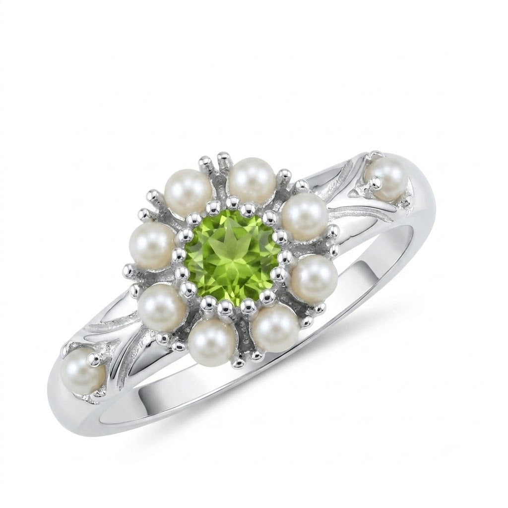 Natural Peridot, Freshwater Cultured Pearl 925 Sterling Silver Engagement Ring Size 5, 6, 7, 8, 9 - Natural Rocks by Kala
