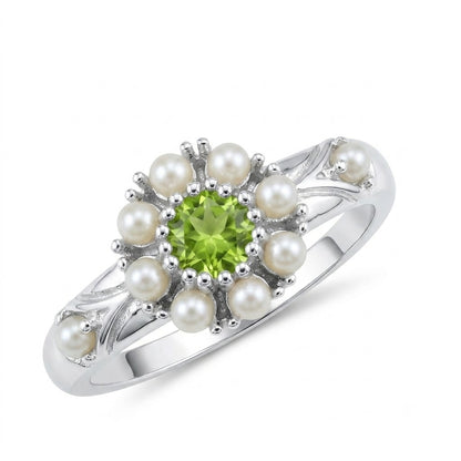 Natural Peridot, Freshwater Cultured Pearl 925 Sterling Silver Engagement Ring Size 5, 6, 7, 8, 9 - Natural Rocks by Kala