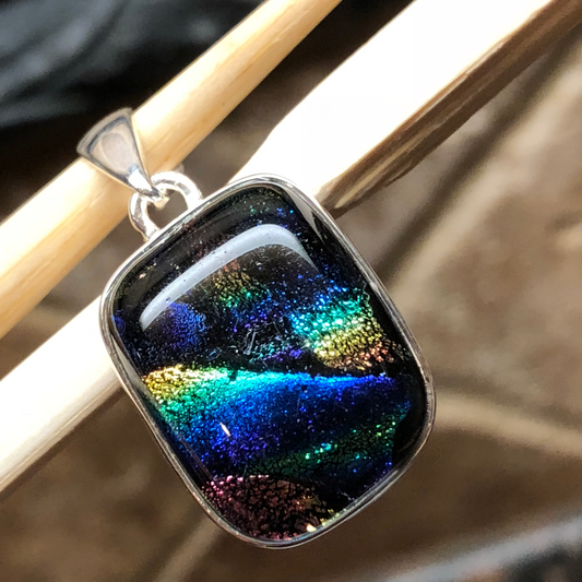Beautiful Dichroic Glass 925 Solid Sterling Silver Pendant 30mm - Natural Rocks by Kala