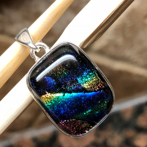 Beautiful Dichroic Glass 925 Solid Sterling Silver Pendant 30mm - Natural Rocks by Kala