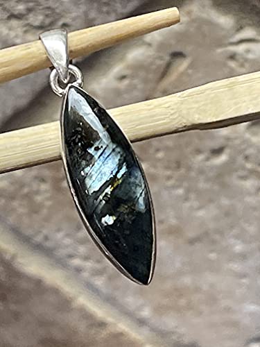 Natural Larvikite Black Moonstone 925 Solid Sterling Silver Pendant 35mm - Natural Rocks by Kala