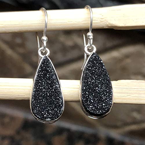 Natural Cluster Black Druzy 925 Solid Sterling Silver Earrings 30mm - Natural Rocks by Kala