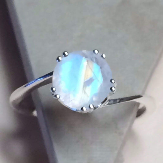 Natural Rainbow Moonstone 925 Solid Sterling Silver Ring Size 6, 7, 8, 9 - Natural Rocks by Kala
