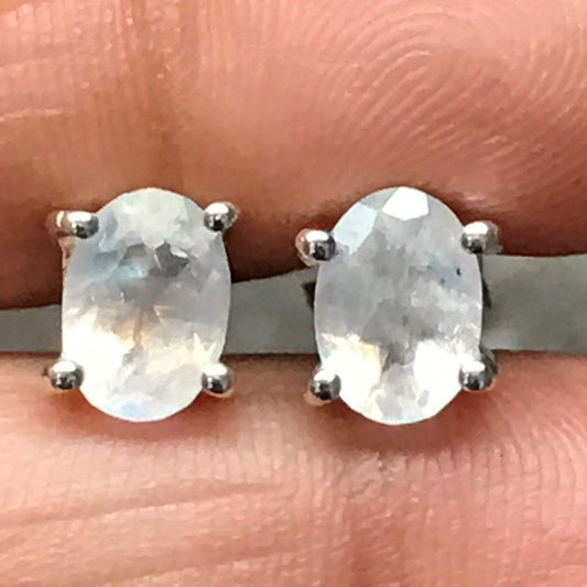 Natural Rainbow Moonstone 925 Sterling Silver Oval Cut Stud Earrings 7mm - Natural Rocks by Kala