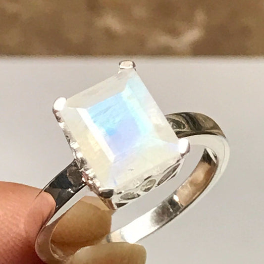 Natural 4ct Rainbow Moonstone 925 Solid Sterling Silver Ring Size 5, 6, 7, 8, 9 - Natural Rocks by Kala