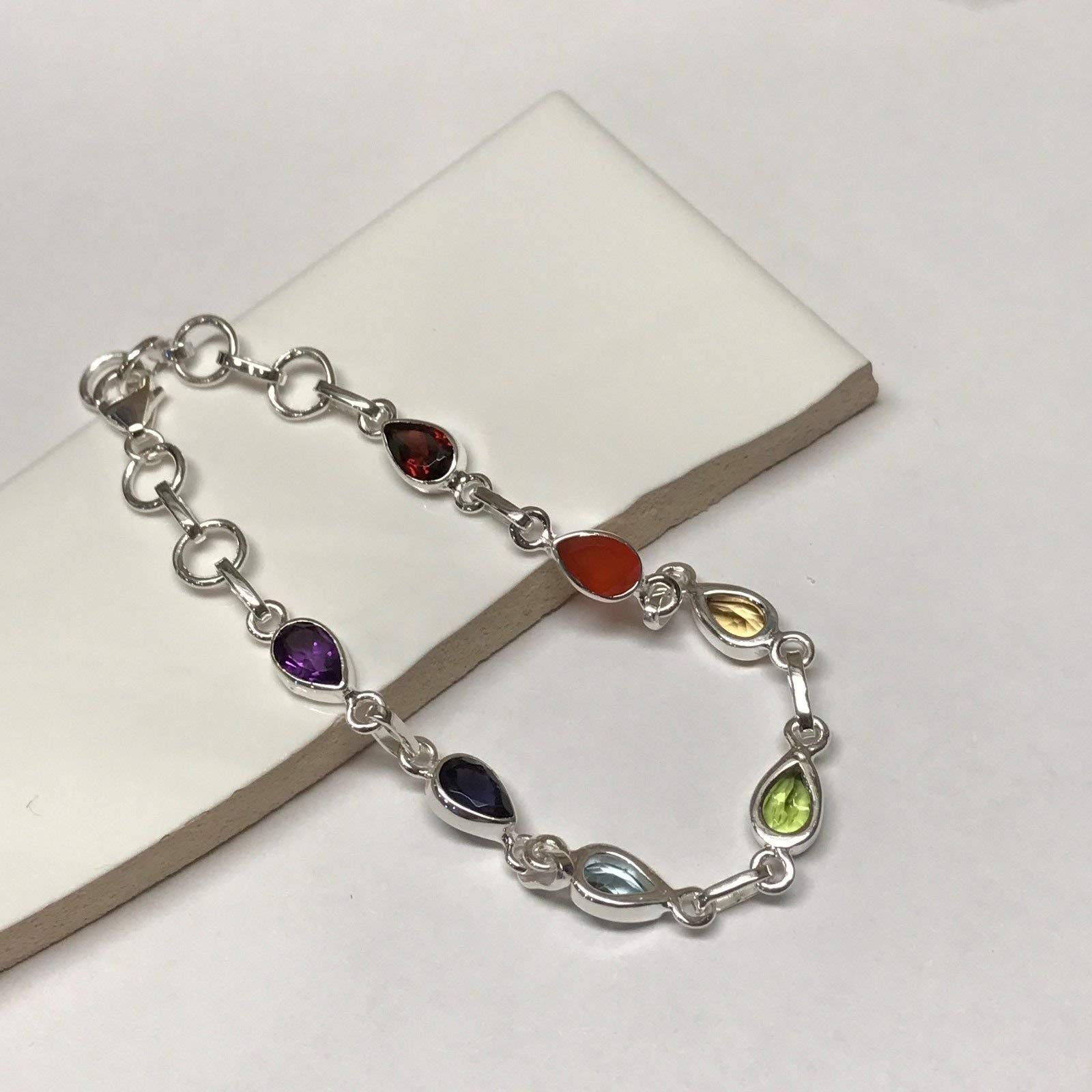 Natural Garnet, Carnelian, Citrine, Peridot 925 Solid Sterling Silver 7-Chakra Bracelet 7" - Natural Rocks by Kala