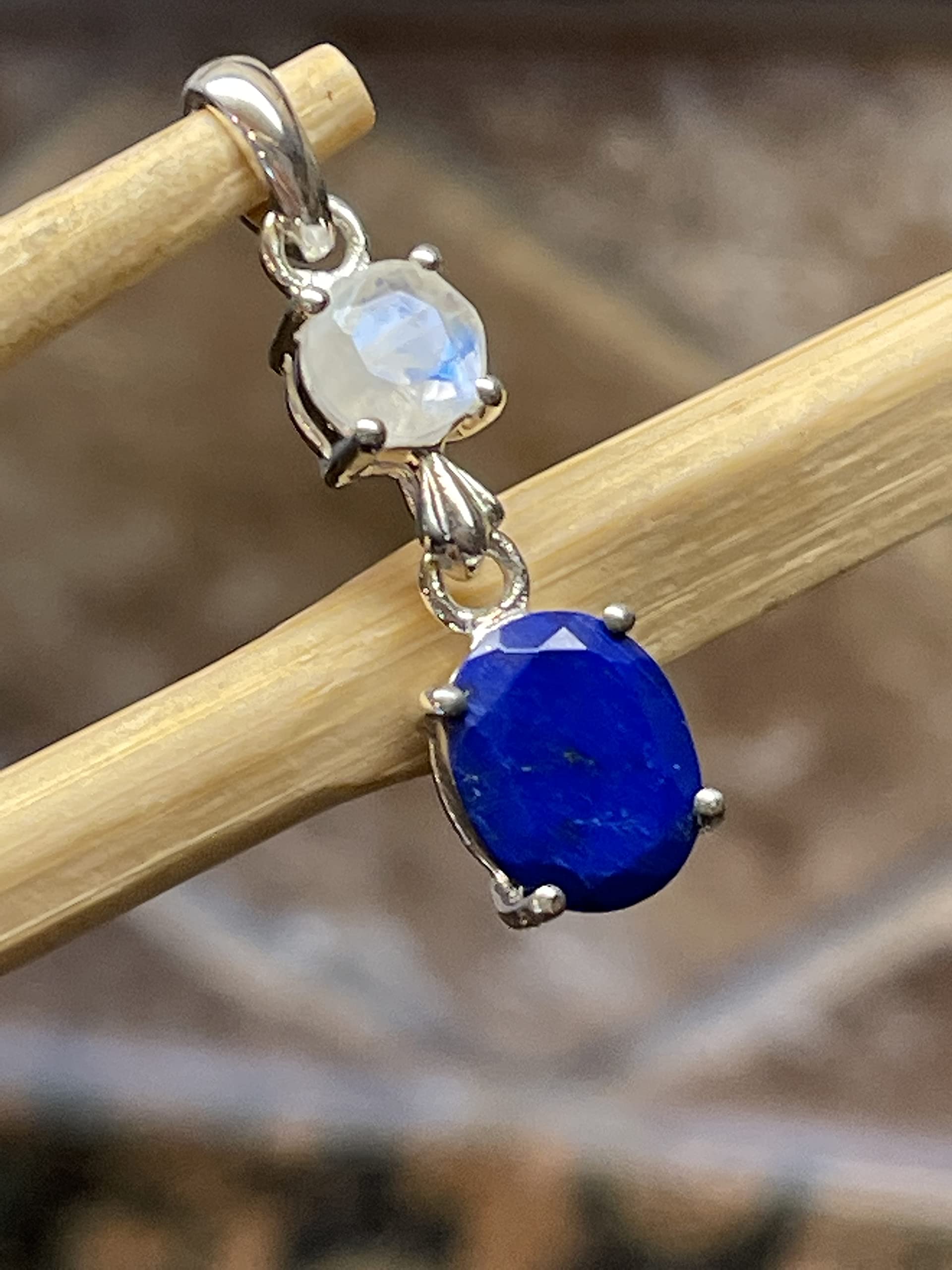 Natural Blue Lapis, Rainbow Moonstone 925 Solid Sterling Silver Pendant 28mm - Natural Rocks by Kala