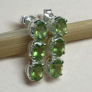Natural 2.5ct Apple Green Peridot 925 Solid Sterling Silver 3-Stone Stud Earrings 16mm - Natural Rocks by Kala