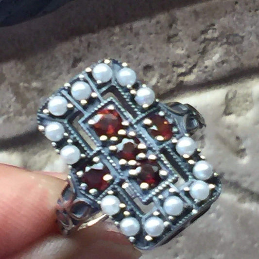 Natural Garnet, Freshwater Cultured Pearl 925 Solid Sterling Silver Engagement Ring Size 6, 7, 8, 9 - Natural Rocks by Kala