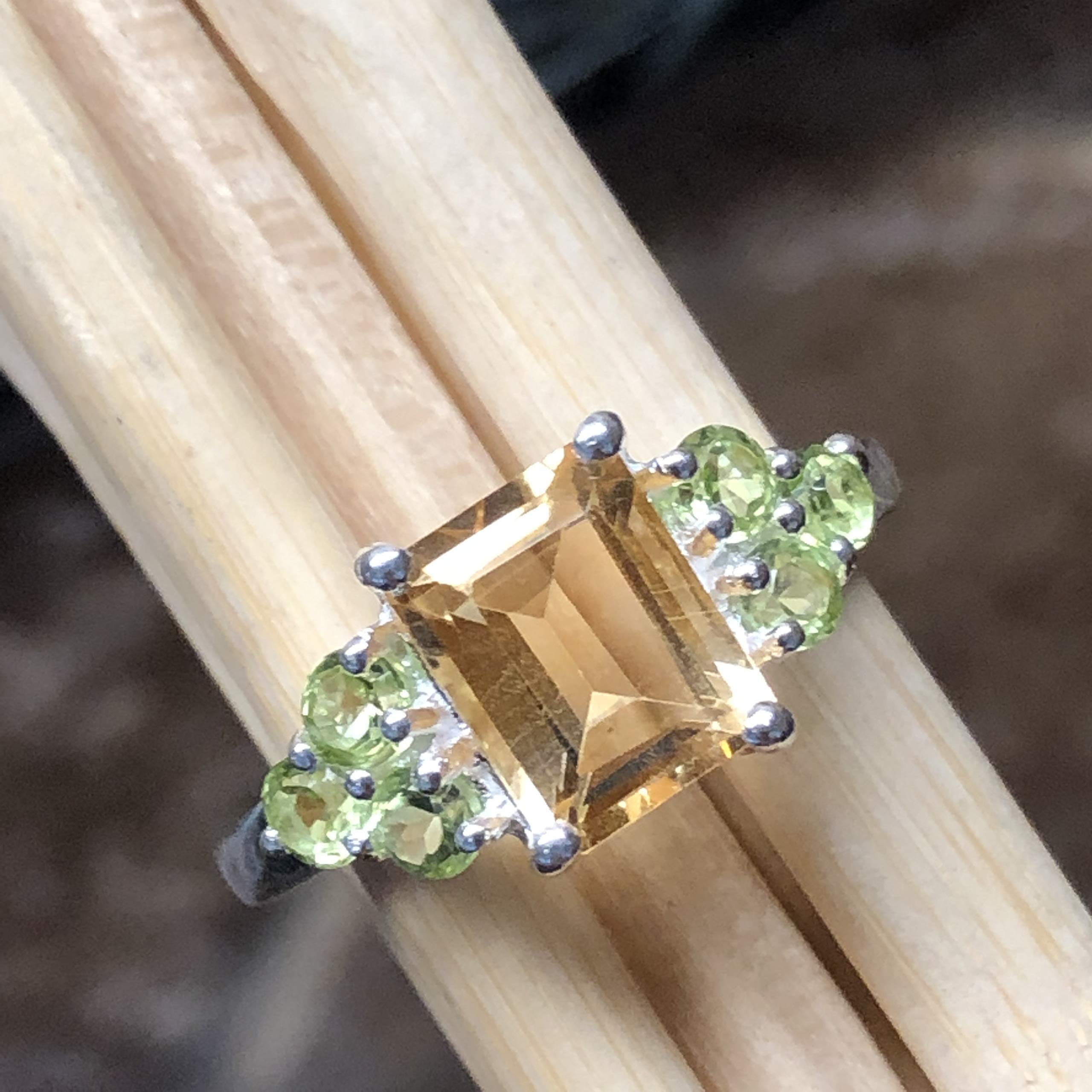 Natural 4ct Golden Citrine, Apple Green Peridot 925 Solid Sterling Silver Ring Size 7, 8 - Natural Rocks by Kala