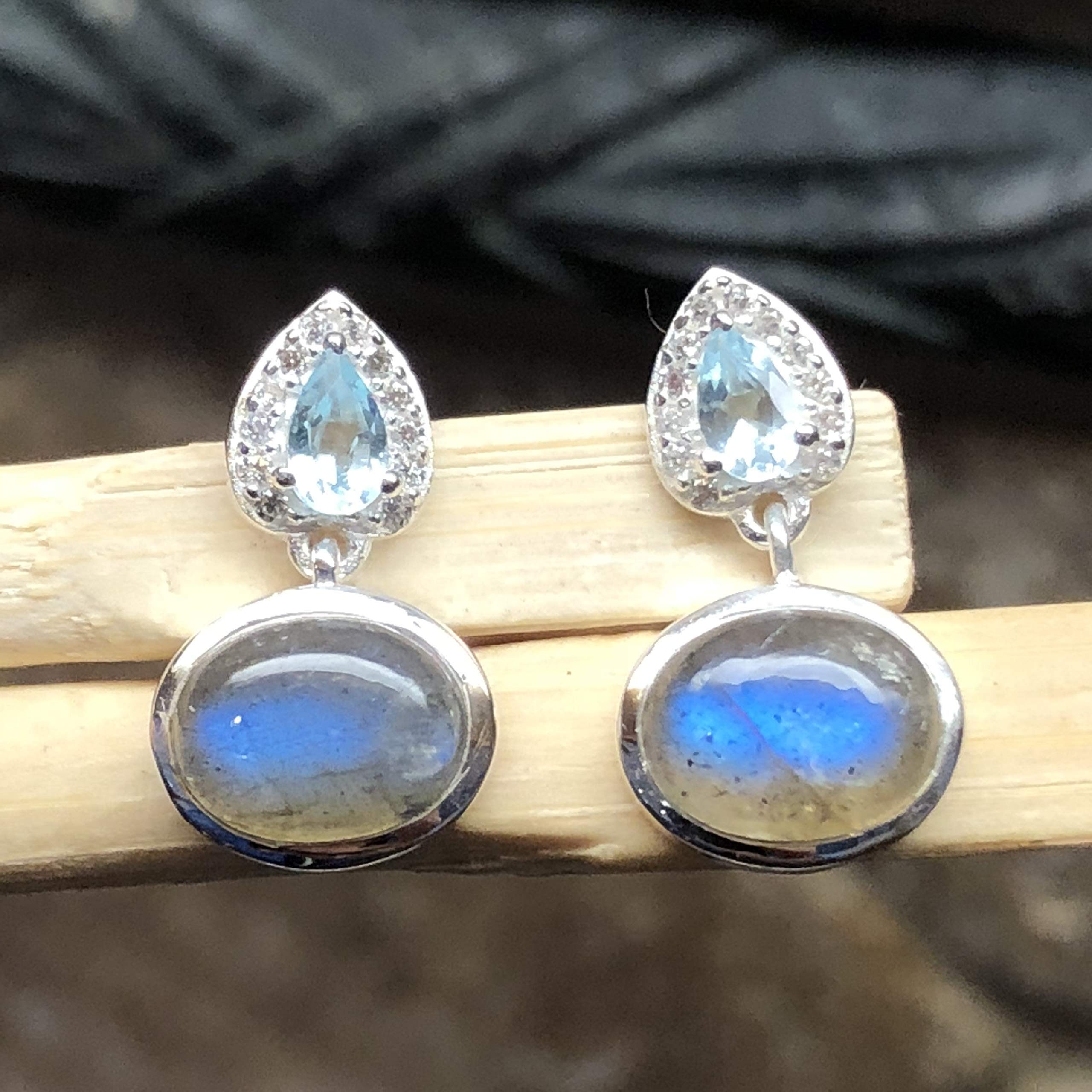 Natural Blue Labradorite, Blue Topaz 925 Solid Sterling Silver Earrings 16mm - Natural Rocks by Kala