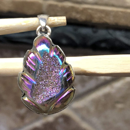 Natural Rainbow Titanium Druzy 925 Sterling Silver Pendant 30mm - Natural Rocks by Kala