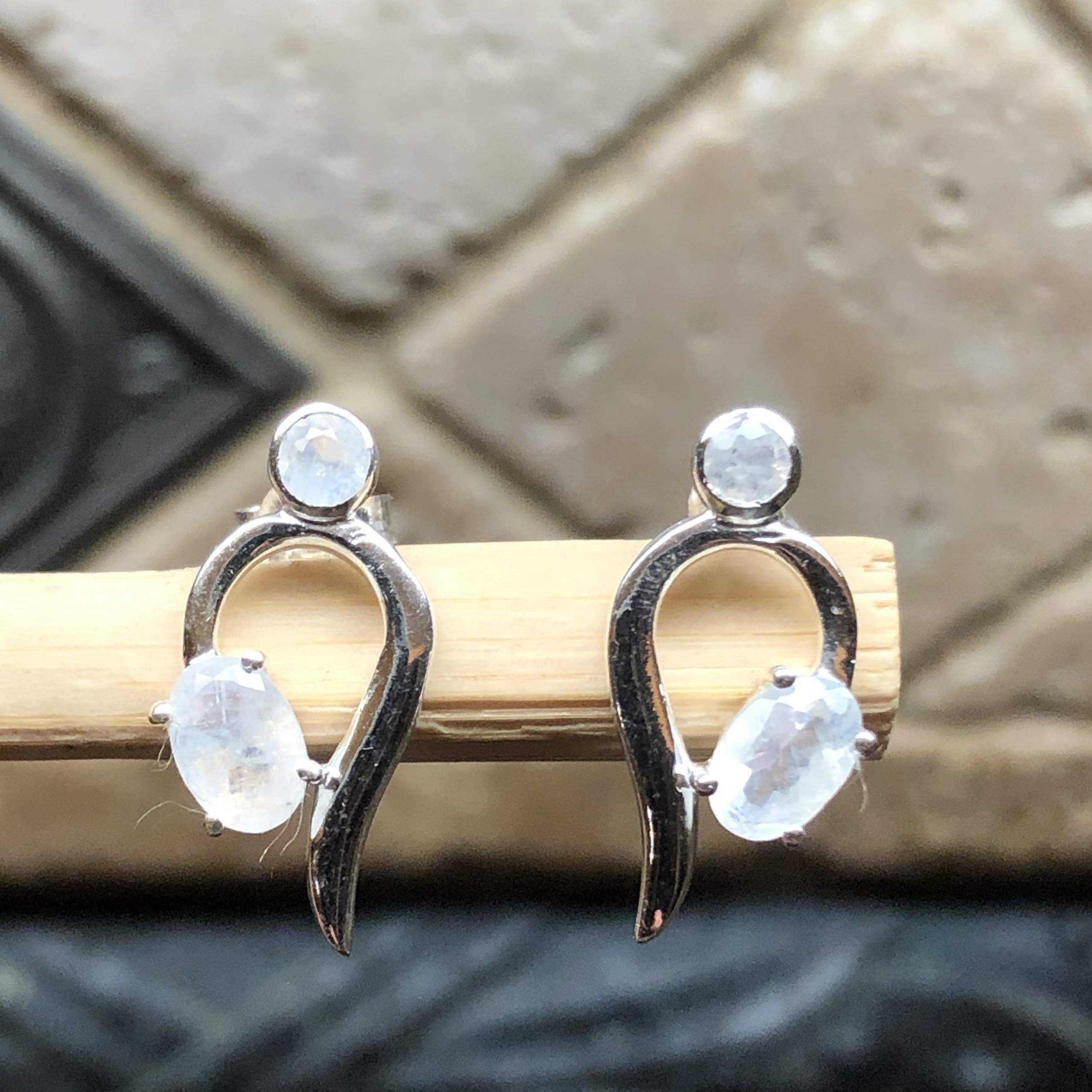 Natural Rainbow Moonstone 925 Solid Sterling Silver Earrings 18mm - Natural Rocks by Kala