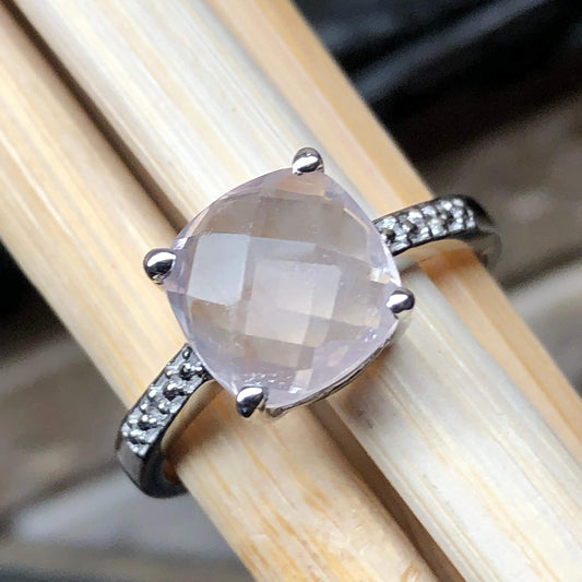 Natural 1.5ct Pink Rose Quartz, White Topaz 925 Sterling Silver Engagement Ring Size 5, 6, 7, 8, 9 - Natural Rocks by Kala