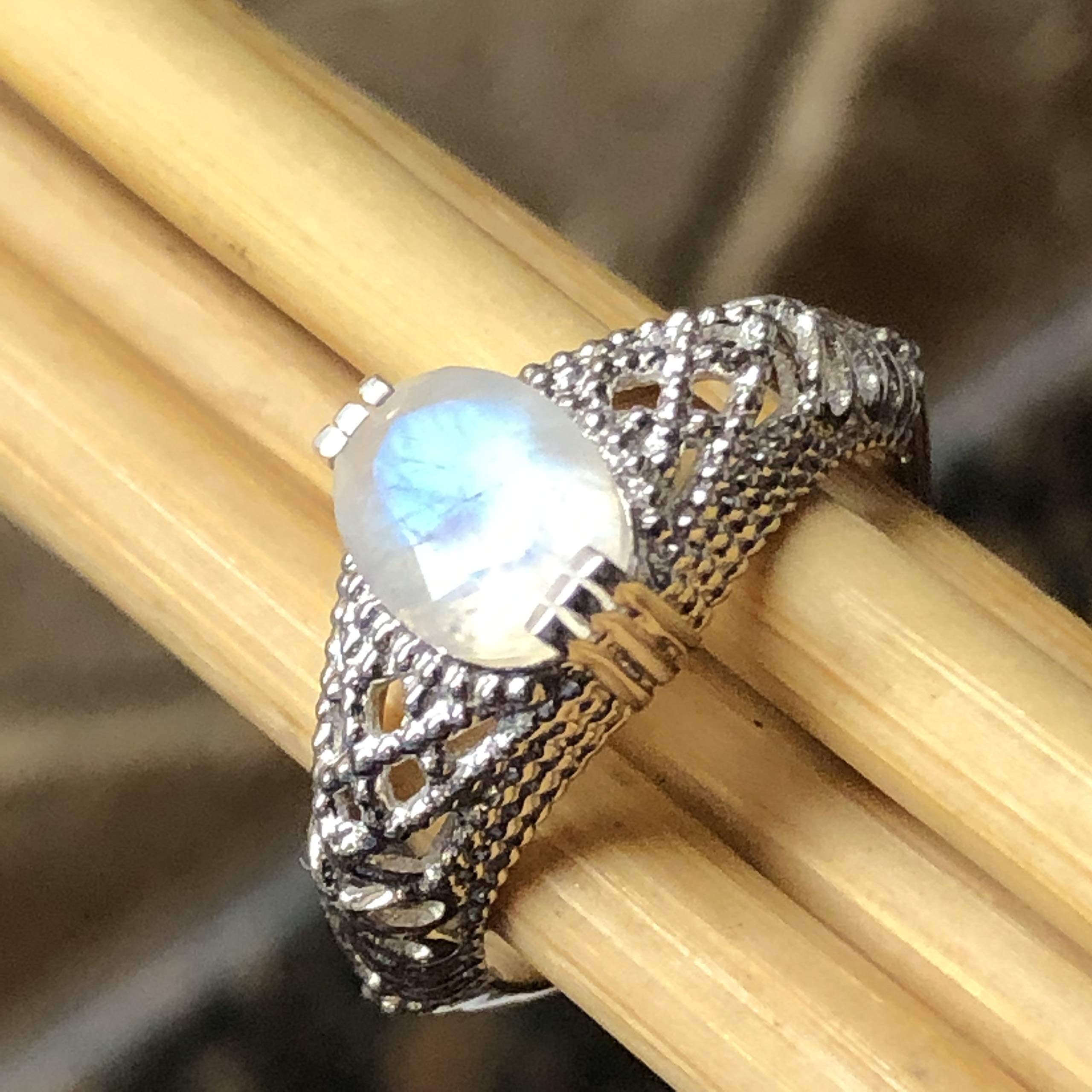 Natural Rainbow Moonstone 925 Solid Sterling Silver Engagement Ring Size 6, 8, 9 - Natural Rocks by Kala