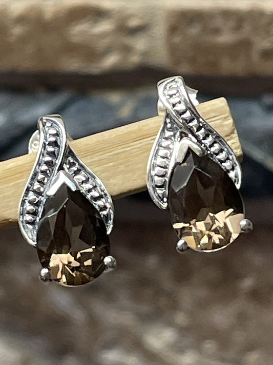 Genuine 2ct Smoky Topaz 925 Solid Sterling Silver Earrings 15mm - Natural Rocks by Kala