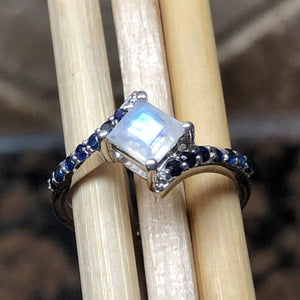 Natural Rainbow Moonstone, Blue Sapphire 925 Sterling Silver Engagement Ring Size 5, 6, 7, 8, 9 - Natural Rocks by Kala