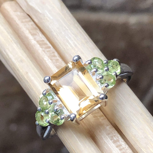 Natural 4ct Golden Citrine, Apple Green Peridot 925 Solid Sterling Silver Ring Size 7, 8 - Natural Rocks by Kala