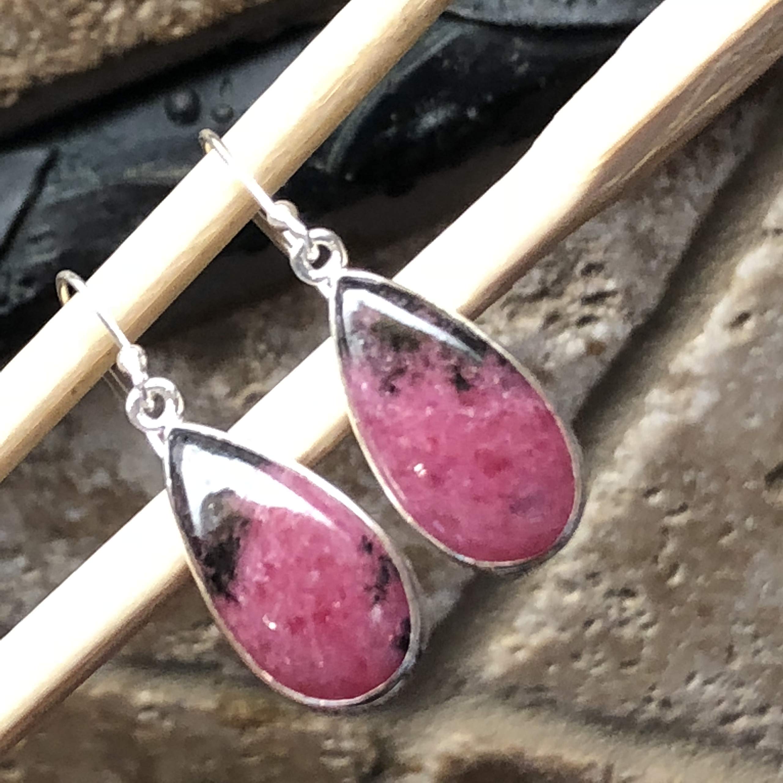 Natural Pink Rhodonite 925 Sterling Silver Earrings 35mm - Natural Rocks by Kala