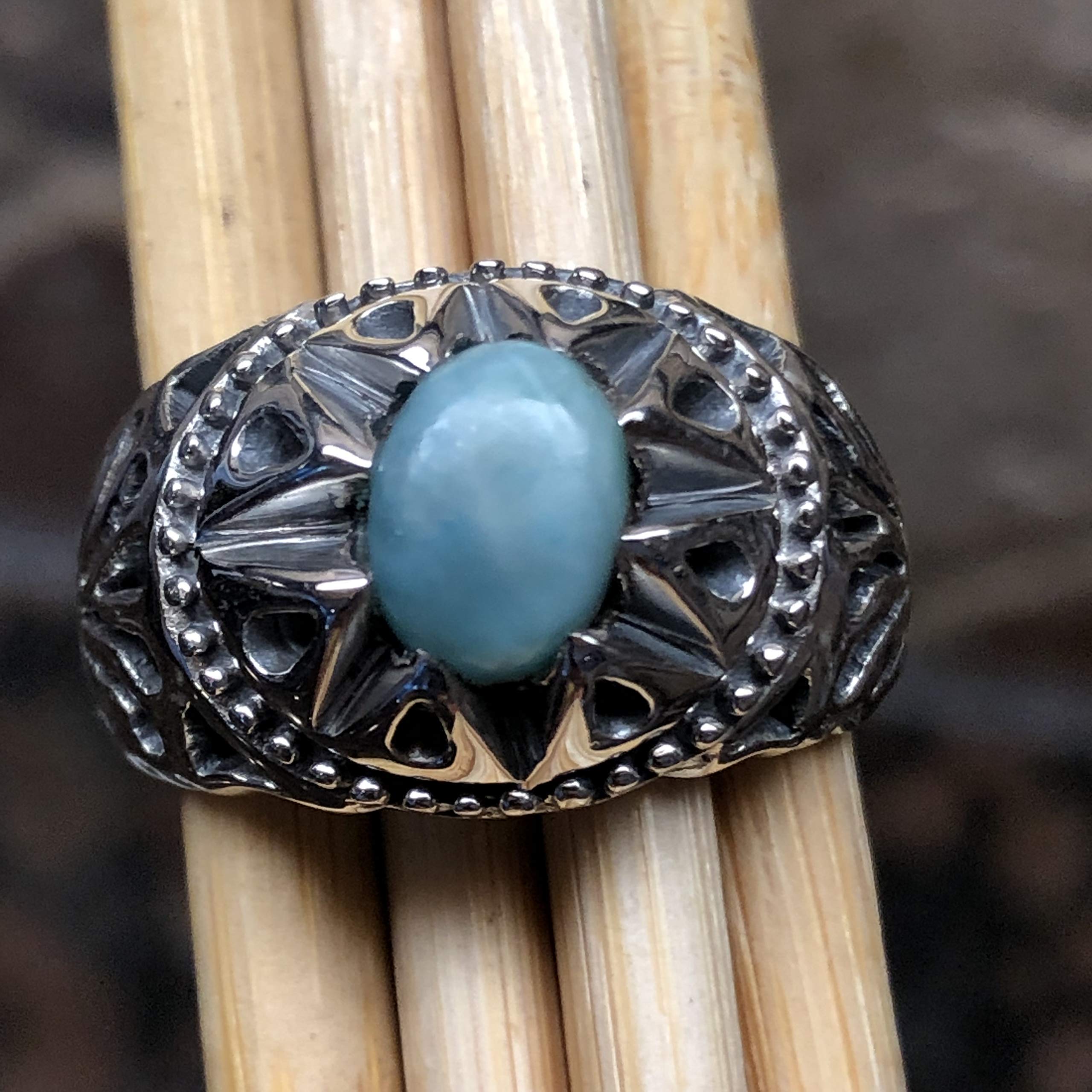 Natural Dominican Larimar 925 Solid Sterling Silver Men's Ring Size 8, 9, 10, 11, 12 - Natural Rocks by Kala