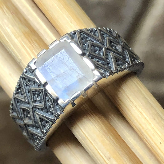 Natural Rainbow Moonstone 925 Solid Sterling Silver Men's Ring Size 8, 9, 10, 11, 12, 13 - Natural Rocks by Kala