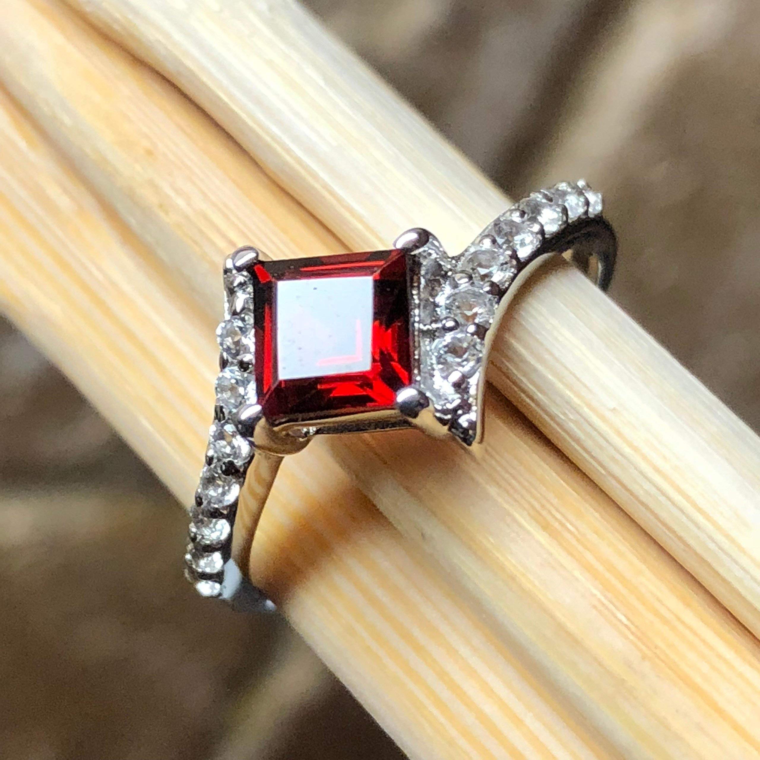 Natural 1ct Pyrope Garnet, White Topaz 925 Solid Sterling Silver Engagement Ring Size 6, 7, 8, 9 - Natural Rocks by Kala