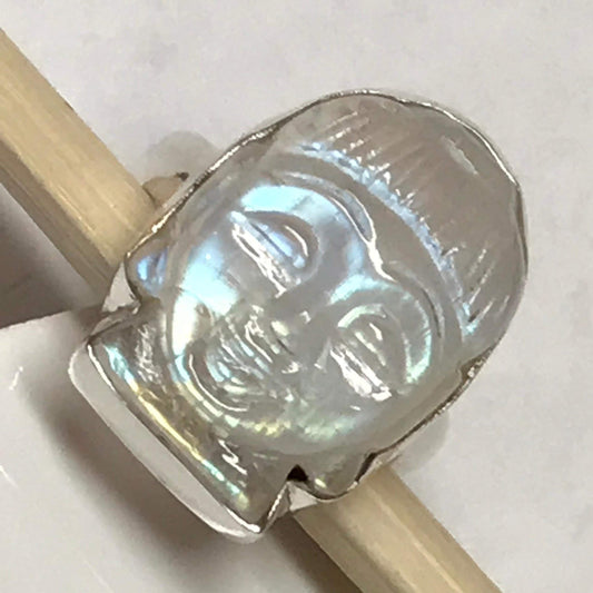 Genuine Rainbow Moonstone 925 Sterling Silver Hand-carved Buddha Meditate Ring Size 5.5, 6.75 - Natural Rocks by Kala