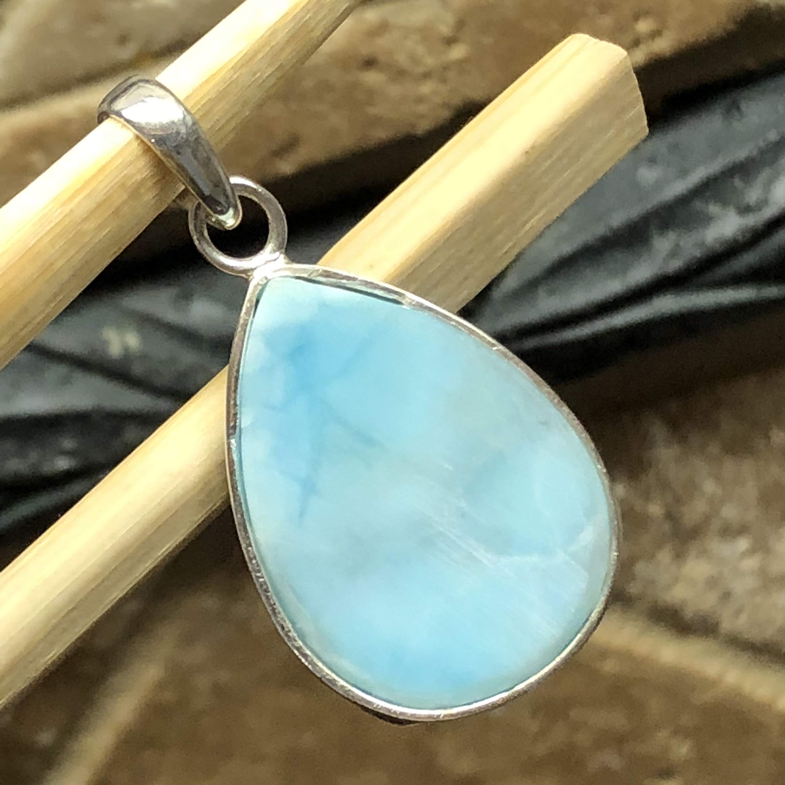 Natural Dominican Larimar 2ct Blue Topaz 925 Solid Sterling Silver Pendant 35mm - Natural Rocks by Kala