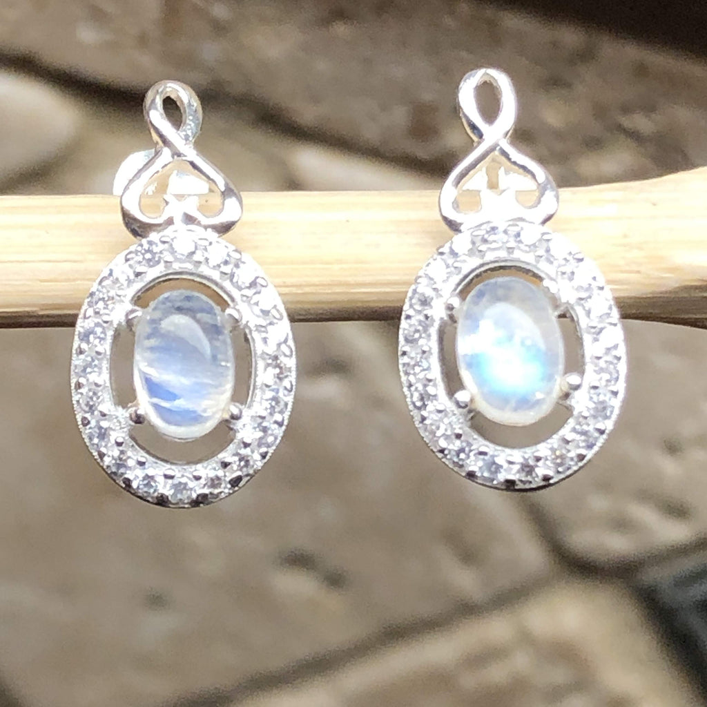 Natural Rainbow Moonstone, White Sapphire 925 Solid Sterling Silver Earrings 18mm