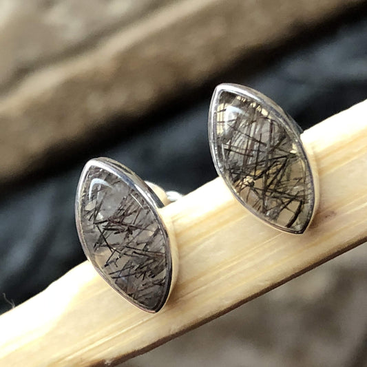 Natural Black Rutilated 925 Solid Sterling Silver Earrings 10mm - Natural Rocks by Kala