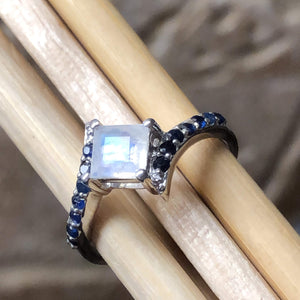 Natural Rainbow Moonstone, Blue Sapphire 925 Sterling Silver Engagement Ring Size 5, 6, 7, 8, 9 - Natural Rocks by Kala