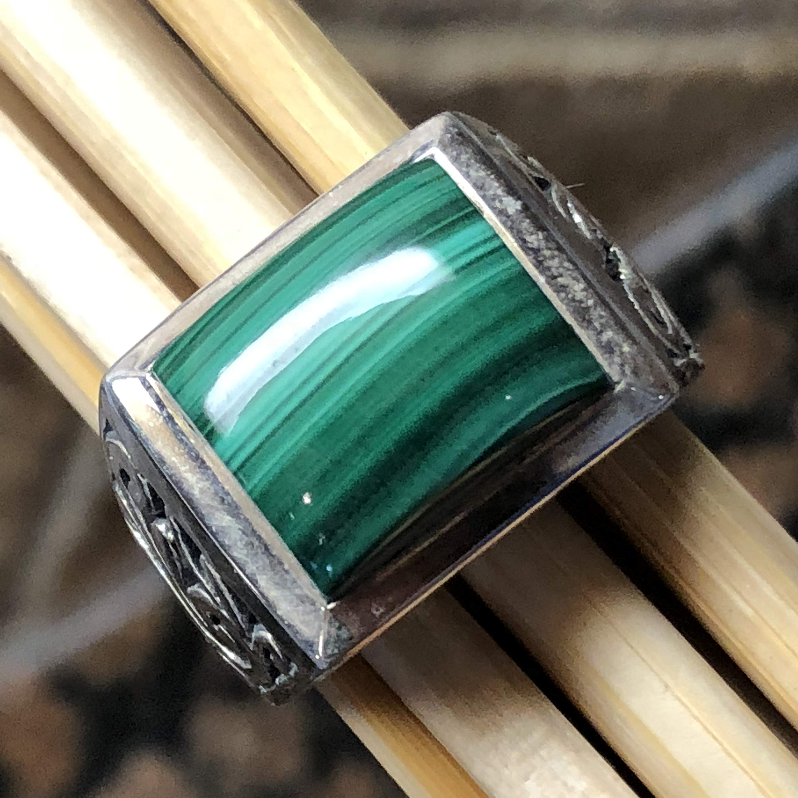 Natural Green Malachite 925 Solid Sterling Silver Men's Ring Size 10, 11 - Natural Rocks by Kala