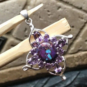 Natural 8ct Purple Amethyst, Purple Copper Mohave Turquoise 925 Solid Sterling Silver Pendant 38mm - Natural Rocks by Kala