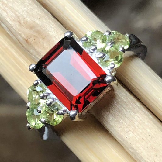 Natural 4ct Rhodolite Garnet, Green Peridot 925 Solid Sterling Silver Wedding Ring Size 6, 7, 8, 9 - Natural Rocks by Kala