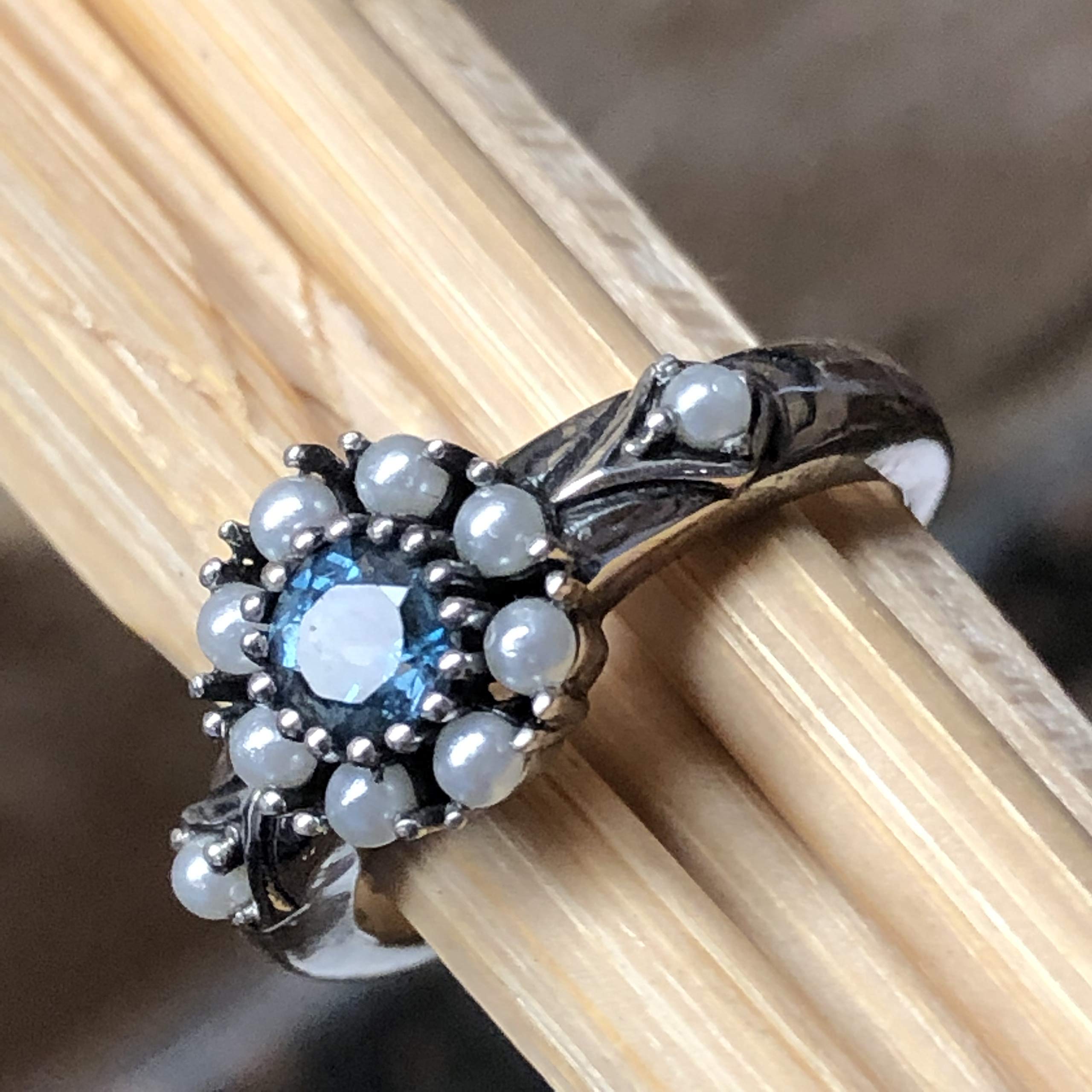Natural 1ct London Blue Topaz, Pearl 925 Solid Sterling Silver Engagement Ring Size 6, 7, 8, 9 - Natural Rocks by Kala