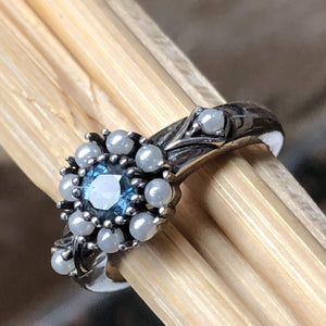 Natural 1ct London Blue Topaz, Pearl 925 Solid Sterling Silver Engagement Ring Size 6, 7, 8, 9 - Natural Rocks by Kala