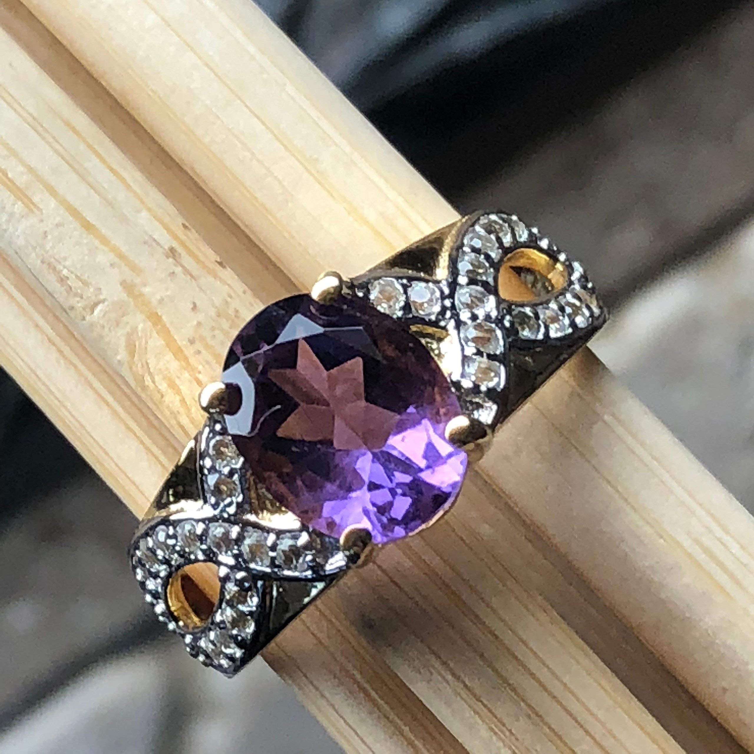Natural 2ct Purple Amethyst 14K Yellow Gold over Silver Engagement Ring Size 6, 7, 8 - Natural Rocks by Kala