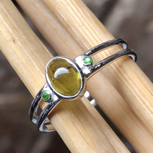 Genuine Green Tourmaline, Peridot 925 Solid Sterling Silver Engagement Ring Size 7, 8, 9 - Natural Rocks by Kala
